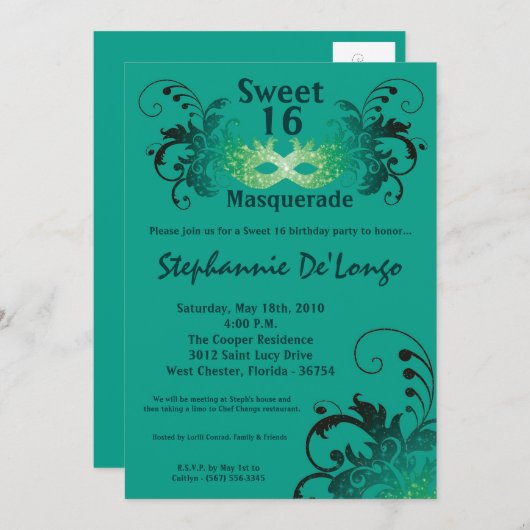 5x7 Blauwgroen Masquerade Sweet 16 Verjaardagsuitn Kaart (Voorkant / Achterkant)