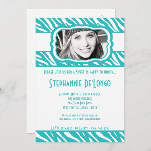 5x7 Blauwgroen Zebra FOTO Sweet 16 Verjaardag Uitn Kaart (Voorkant / Achterkant)