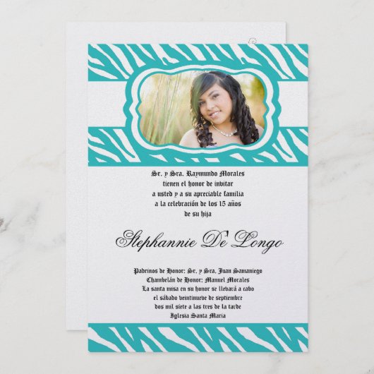 5x7 Blauwgroen Zebra Print Patter Quinceanera Uitn Kaart (Voorkant / Achterkant)