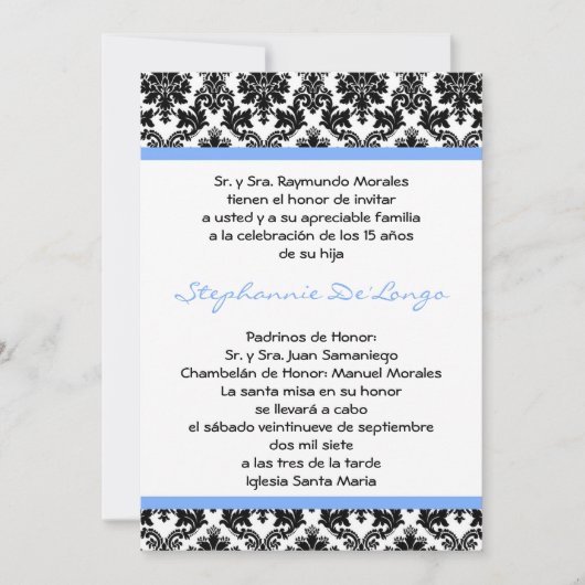5x7 bleu clair Damas Quinceanera Invitation (Devant)
