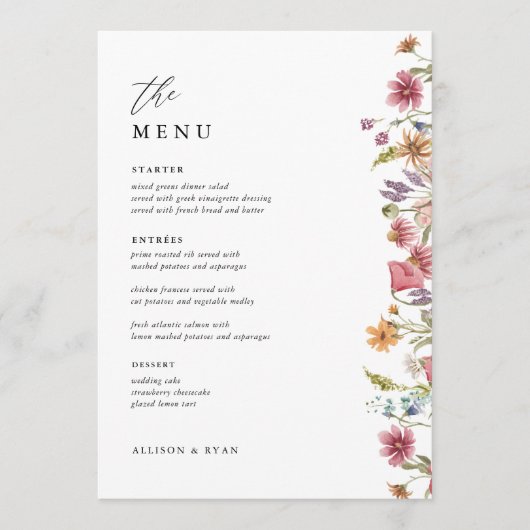 5x7" Bloemige Trouwtafel Menu Kaarten Plat Menu (Voorkant)