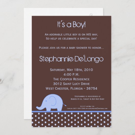 5x7 Blue Boy Mod Elephant Baby shower Invitation (Devant / Derrière)