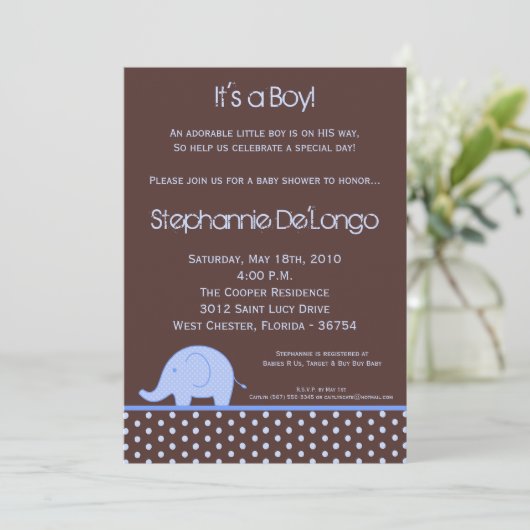 5x7 Blue Boy Mod Elephant Baby shower Invitation Kaart (Staand voorkant)