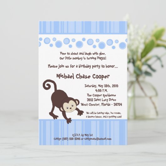 5x7 Blue Boy Pop Monkey Anniversaire Invitation (Debout devant)