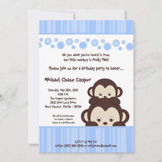 5x7 Blue Boy Pop Monkey Anniversaire Invitation (Devant)