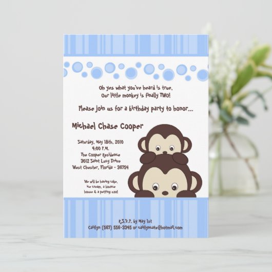 5x7 Blue Boy Pop Monkey Verjaardagsuitnodiging Kaart (Staand voorkant)