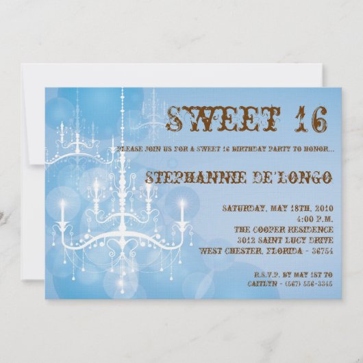 5x7 Blue Chandelier Sweet 16 Verjaardag Uitnodigin Kaart (Voorkant)