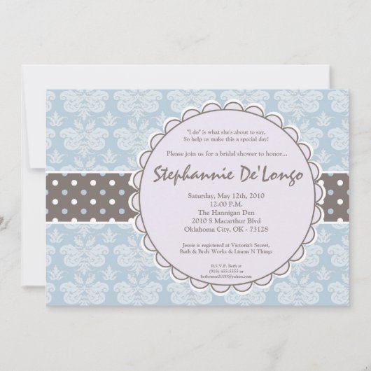 5x7 Blue Damask Lace Bridal Douche Invitation (Devant)