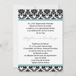 5x7 Blue Damask Quinceanera Invitation