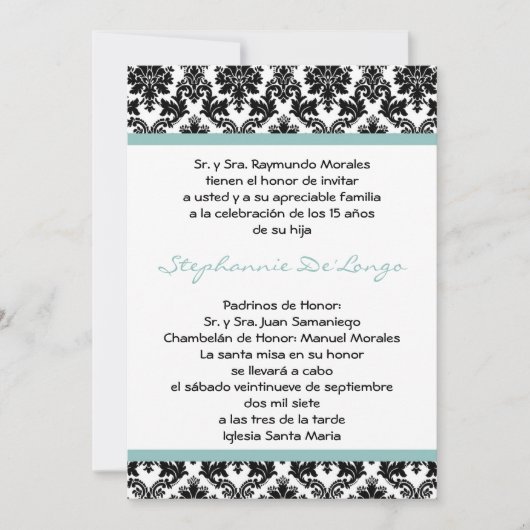 5x7 Blue Damask Quinceanera Invitation (Devant)
