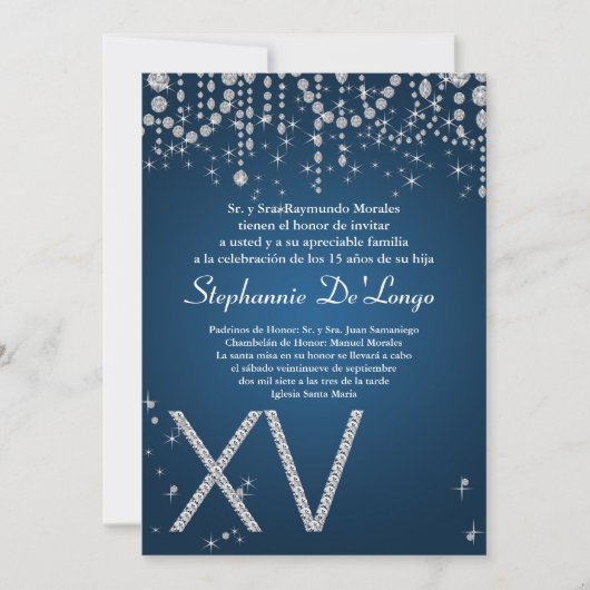 5x7 Blue Diamond Quinceanera Birthday Uitnodiging (Voorkant)