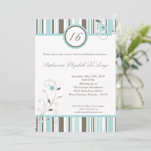 5x7 Blue Flower Sweet 16 Birthday Party Invitation Kaart (Staand voorkant)