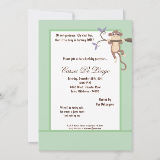 5x7 Blue Green Monkey Invitation de fête d'anniver (Devant)