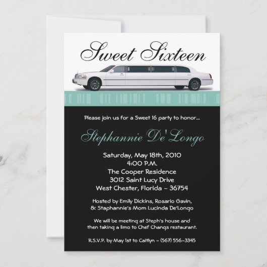 5x7 Blue Limo Sweet 16 Anniversaire Invitation (Devant)