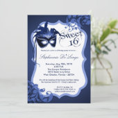 5x7 Blue Masquerade Masker 16 Birthday Uitnodiging (Staand voorkant)