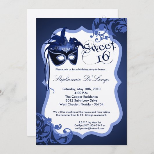 5x7 Blue Masquerade Masker 16 Birthday Uitnodiging (Voorkant / Achterkant)