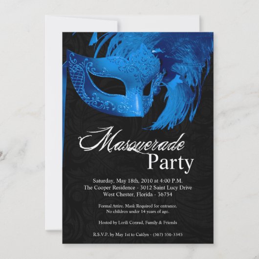 5x7 Blue Masquerade Sweet 16 Birthday Invitation Kaart (Voorkant)