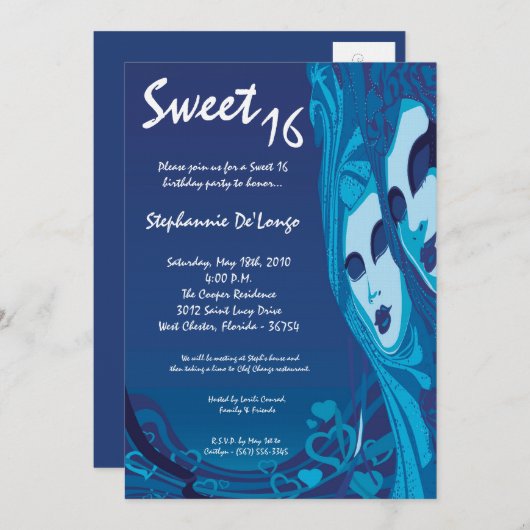 5x7 Blue Masquerade Sweet 16 Invitation anniversai (Devant / Derrière)