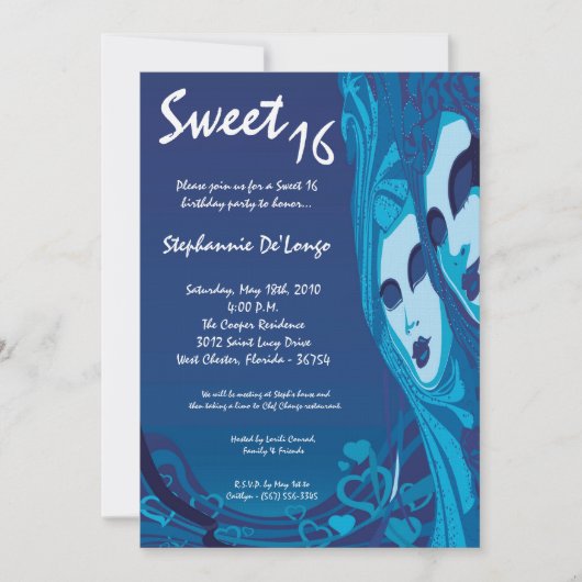 5x7 Blue Masquerade Sweet 16 Invitation anniversai (Devant)