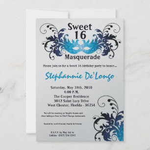 5x7 Blue Masquerade Sweet 16 Invitation anniversai