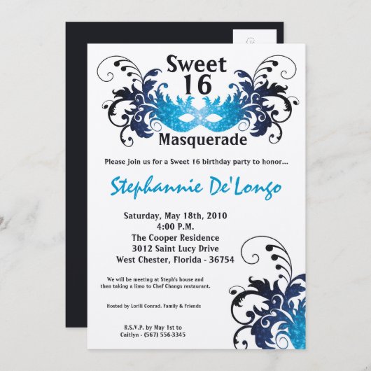 5x7 Blue Masquerade Sweet 16 Verjaardag Uitnodigin Kaart (Voorkant / Achterkant)