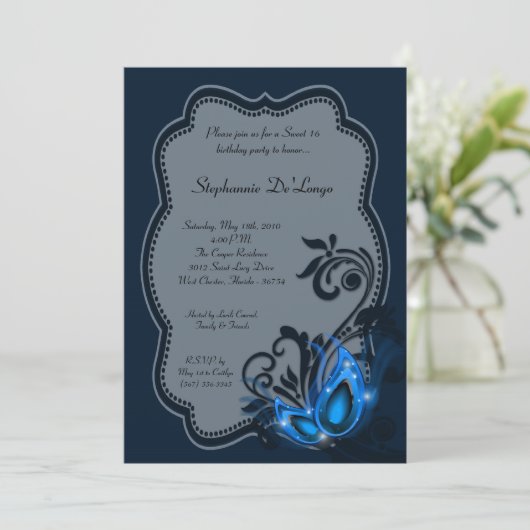 5x7 Blue Masquerade Sweet 16 Verjaardag Uitnodigin Kaart (Staand voorkant)