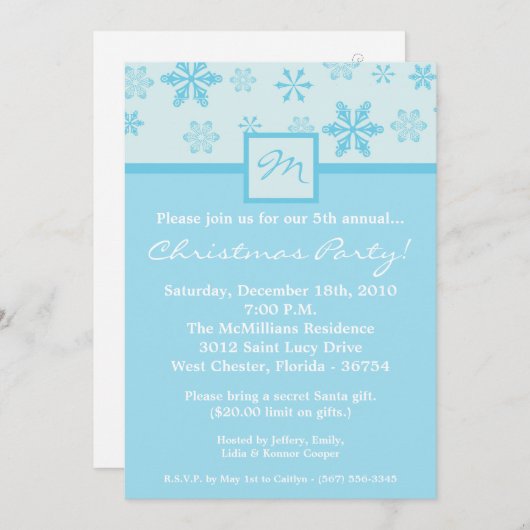 5x7 Blue Snowflakes Christmas Party Invitation (Devant / Derrière)