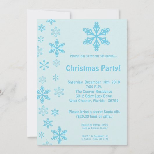 5x7 Blue Snowflakes Christmas Party Invitation (Devant)