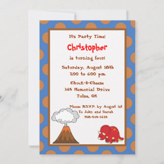 5x7 Blue Tan Polkadot Dinosaur Birthday Invite Kaart