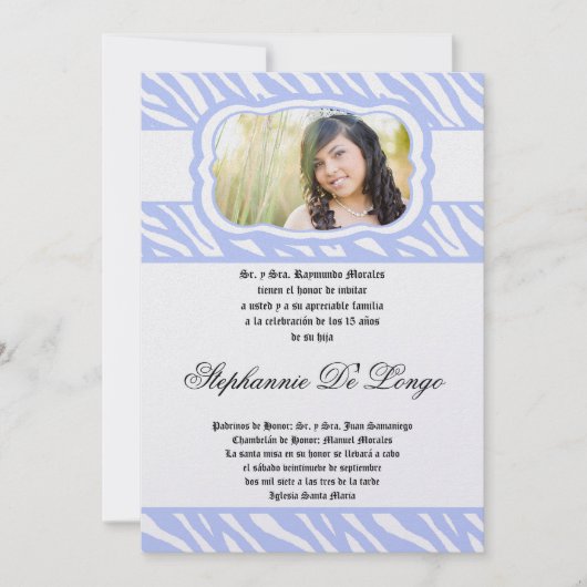 5x7 Blue Zebra Print Patter Quinceanera Invitation (Devant)