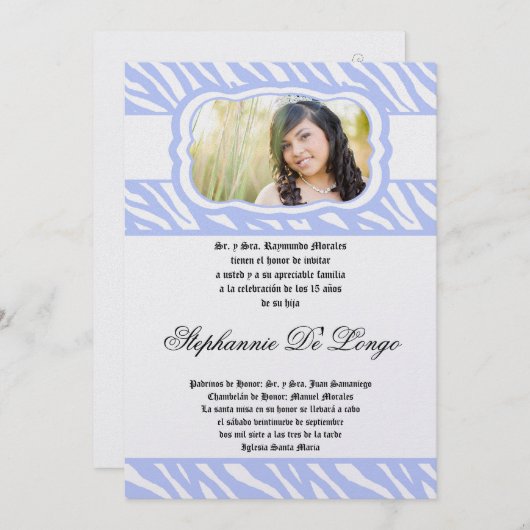 5x7 Blue Zebra Print Patter Quinceanera Invitation (Devant / Derrière)