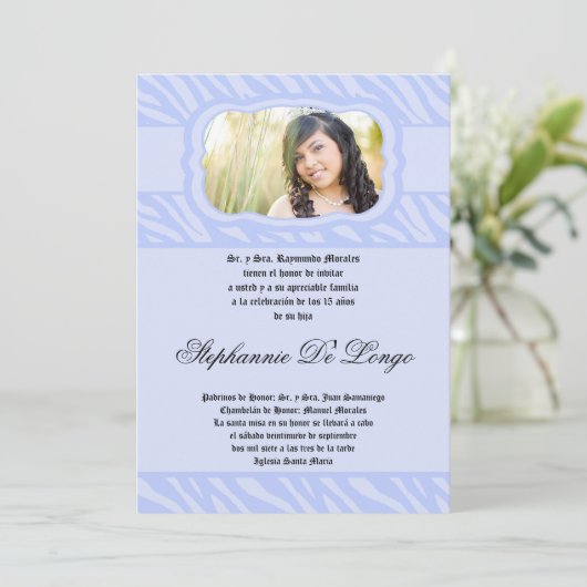 5x7 Blue Zebra Print Patter Quinceanera Invitation (Debout devant)