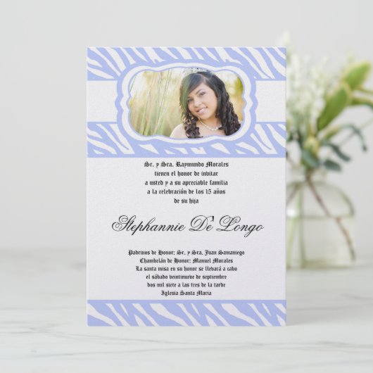 5x7 Blue Zebra Print Patter Quinceanera Uitnodigin Kaart (Staand voorkant)