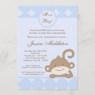5x7 Boy Blu PolkaDot Monkey Baby shower Uitnodigin Kaart