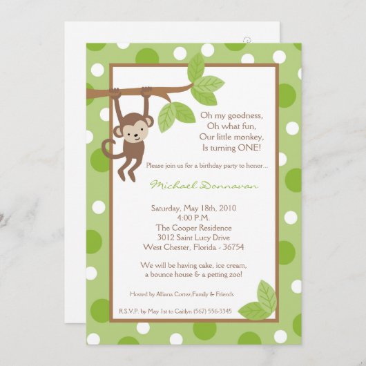 5x7 Boy Blue Monkey Oerwoud Birthday Uitnodiging (Voorkant / Achterkant)