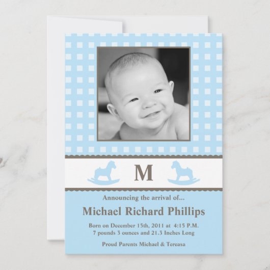 5x7 Boy Blue Monogram Faire-part de naissance PHOT (Devant)