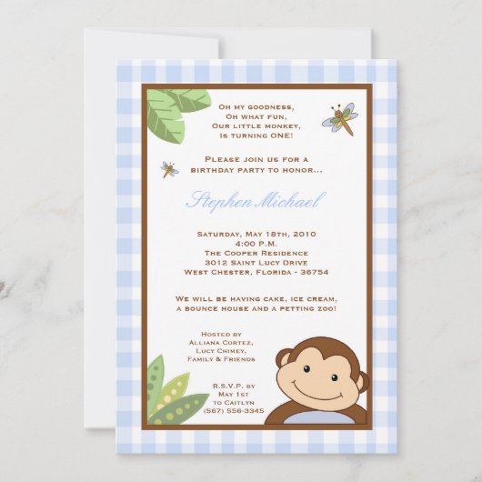 5x7 Boy Blue Papgayo Monkey Invitation d'anniversa (Devant)
