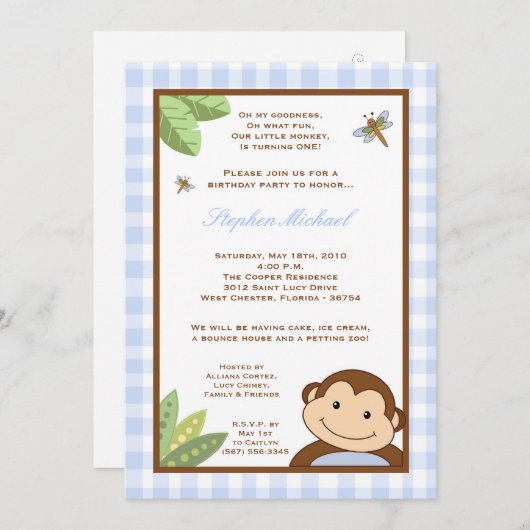 5x7 Boy Blue Papgayo Monkey Invitation d'anniversa (Devant / Derrière)