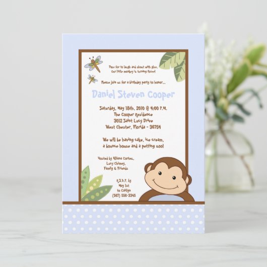 5x7 Boy Blue Papgayo Monkey Invitation d'anniversa (Debout devant)