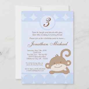 5x7 Boy Blue PolkaDot Monkey Birthday Uitnodiging