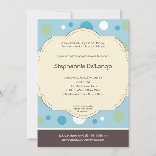 5x7 Boy Blue Polkadot Poke Baby shower Invitation (Devant)