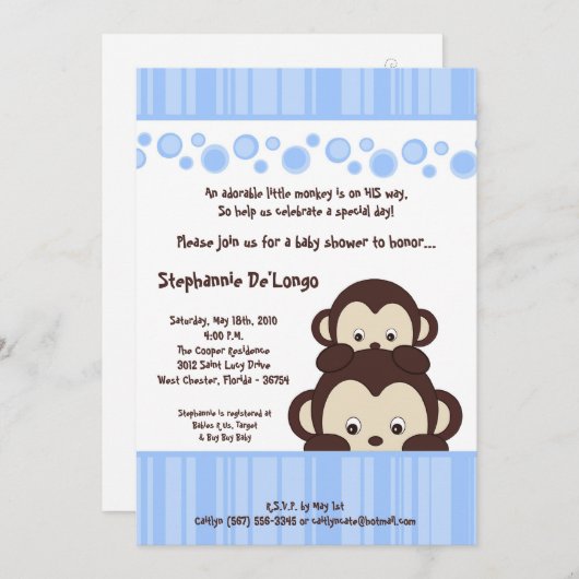 5x7 Boy Blue Pop Monkey Baby shower Invitation (Devant / Derrière)