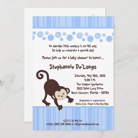 5x7 Boy Blue Pop Monkey Baby shower Invitation (Devant / Derrière)