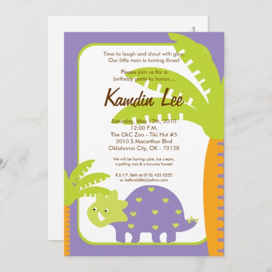 5x7 Boy Dinosaur Dino Birthday Uitnodiging (Voorkant / Achterkant)