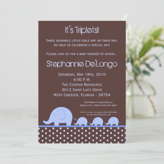 5x7 Boy Triplets Elephant Baby shower Uitnodiging (Staand voorkant)