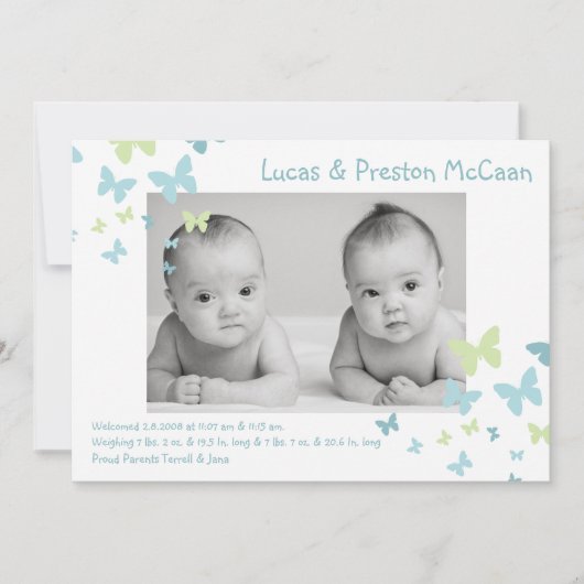 5x7 Boy Twins Butterfly Photo Faire-part de naissa (Devant)