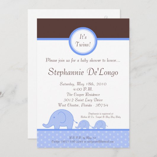 5x7 Boy Twins Mod Elephant Baby shower Invitation (Devant / Derrière)