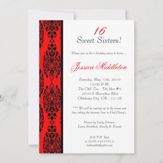 5x7 Brite Red Damask Invitation de fête d'annivers (Devant)