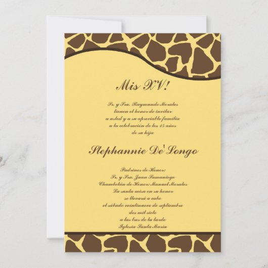 5x7 Brown Giraffe Jaune Quinceanera Invitation de (Devant)