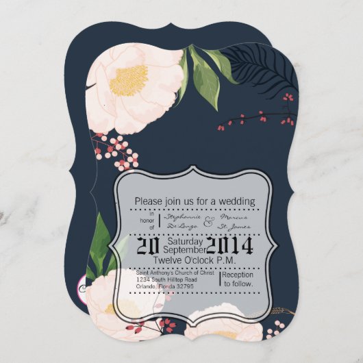 5x7 bruiloft uitnodiging Baby roze kosmos op marin (Voorkant / Achterkant)